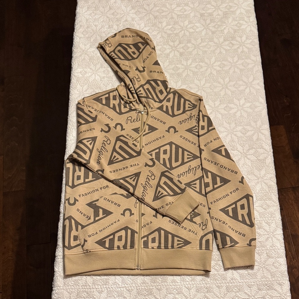 True Religion Beige Graphic Zip-Up Sweater